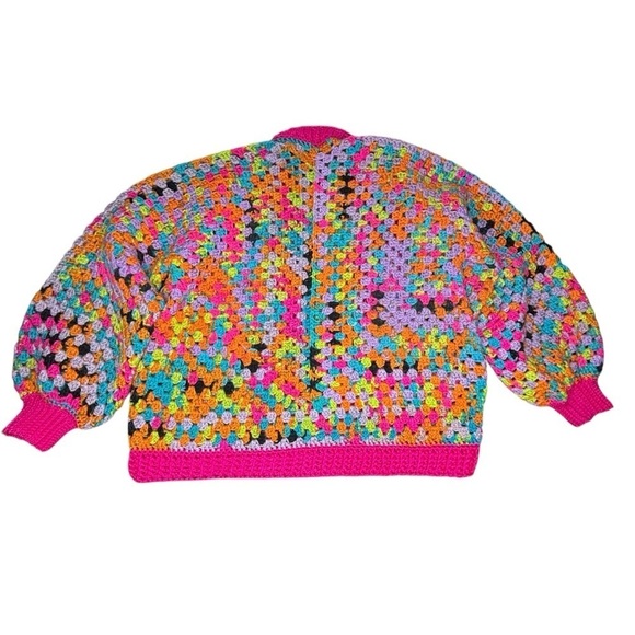 Handcrafted Crochet Hexagon Cardigan Sweater Open Front Wide Sleeve 2 Pockets - Picture 10 of 16